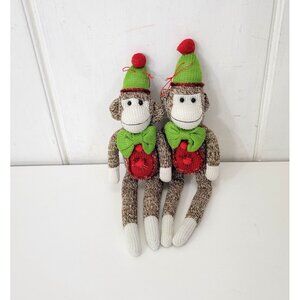 Sock Monkey Ornaments With Green Christmas Hats & Bow Ties, Set of Two